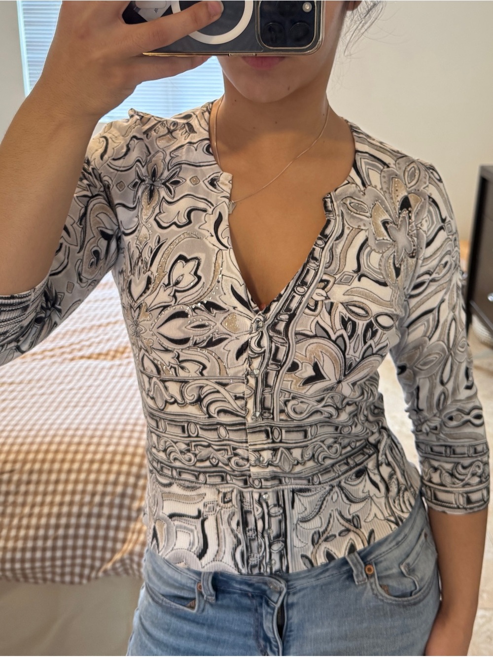 White House Black Market Embellished Scroll Print 3/4 Sleeve Top S
